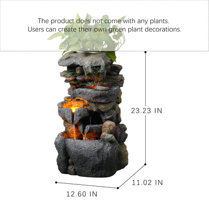 23" Tall Outdoor Water Fountain with Built-in Planter, 3-Tier Cascading Rock Waterfall with Warm LED Lights, Relaxing Zen Garden Fountain Decoration for Patio, Yard, Porch & Deck