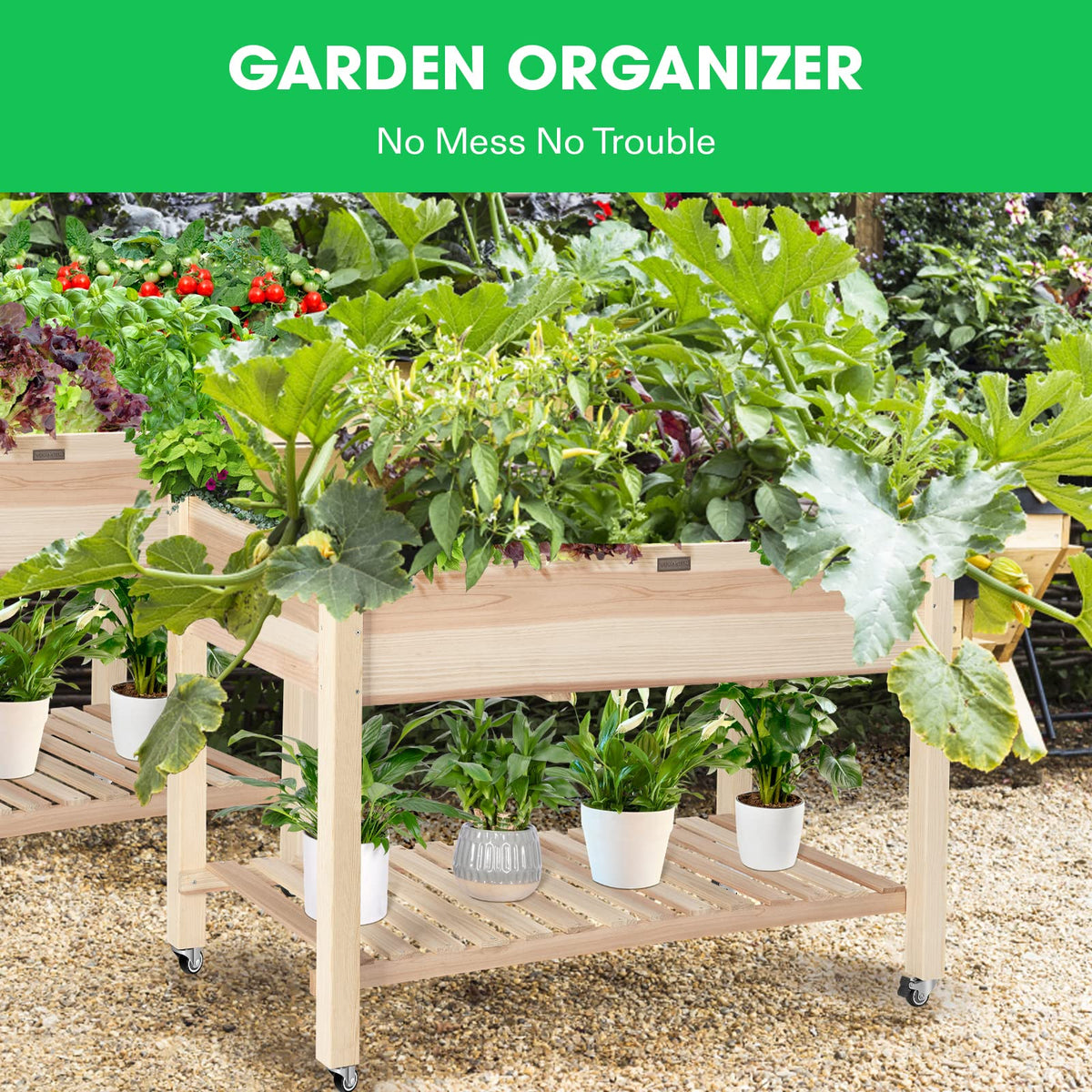 VIVOSUN Elevated Wooden Raised Garden Bed, 46 x 24 x 32 Inches, Mobile Outdoor Planter Box with Storage Shelf and Protective Liner for Outdoor Use, with Lockable Wheels