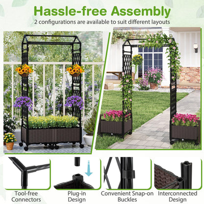 Byroce Self-Watering Tomato Planter Box with Trellis, 64” Tall Raised Garden Bed with Lockable Wheels, Arch Roof & Drainage Holes, Vertical Garden for Patio Balcony Outdoor Vegetables (Roof Type A)