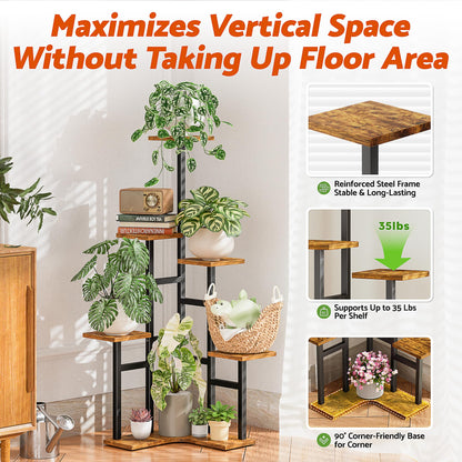 NQW 5 Tier Corner Plant Stand Indoor Wood, Metal Plant Shelf Outdoor, Tall Plant Stands Plant Tables Indoor Plant Rack Tiered Plant Stand Garden Accessories for Balcony Patio -BlackSquare