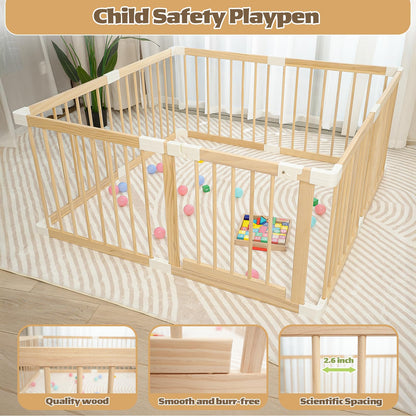 Baby Playpen,Wooden and Toddler Playpen,Play Pen for Babies and Toddlers Kids Indoor,Wooden Babies with Locking Baby Gate,Easy to Assemble,Play Pen Area Indoor(53x53x24 Inch)