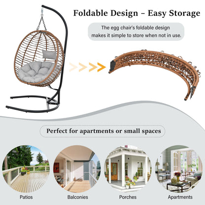 GDFStudio Hammock Chair with Stand, Rattan Wicker Hanging Egg Chair with Cushion & Headrest, Iron Frame Folding Patio Hammock Swing Chair for Indoor Outdoor Balcony Porch Garden, 330 lbs, Brown+Gray
