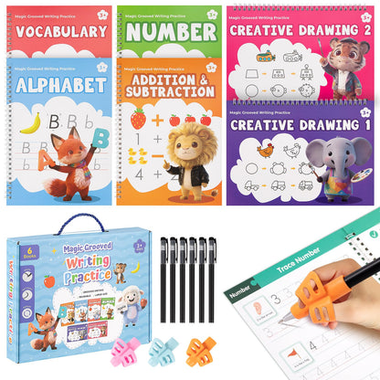 Magic Grooved Writing Practice Books, Reusable 3D Grooved Handwriting Practice for Kids Ages 3-5, Disappearing Ink Pens & Grips, Perfect Educational Gift