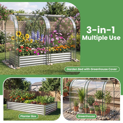 Giantex Galvanized Raised Garden Bed with Greenhouse Cover, 6x3x1 FT Outdoor Metal Oval Tall Planter Box with 2 Roll-up Windows, Clear PVC Mini Greenhouse for Vegetables Flowers Herbs Patio (Silver)