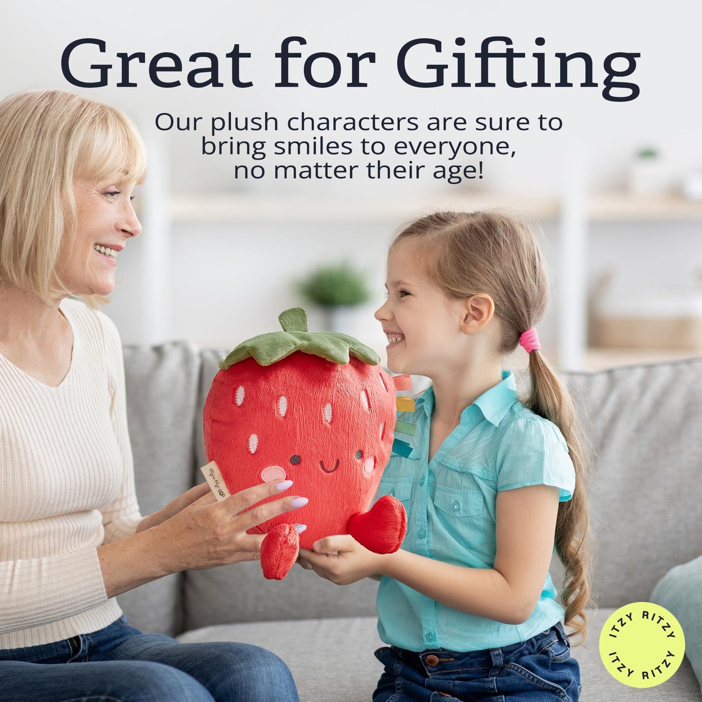 Itzy Ritzy Snuggles Plush Toy – Soft Stuffed Animal for Babies, Kids & Adults – Sensory Ribbons & Textured Fabrics for Tactile Play – Cozy & Cuddly Companion for Newborns & Up (Strawberry)