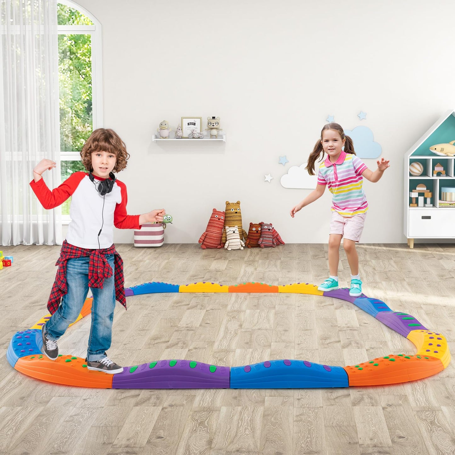 Costzon Wavy Balance Beam for Kids, 20-Piece Toddler Stepping Stones w/Textured Surface & Non-Slip Foot Pads, 180 LBS Weight Capacity, Coordination Blocks Gym Set, Obstacle Course Toys for Girls Boys