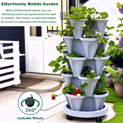 Lykvrii 7 Tiered Strawberry Planters 3 Pack, Vertical Stackable Planter, Herb Stacking Tower Garden, Flower and Vegetable Planters with Support Pole Indoor & Outdoor with Removable Wheels Dark Grey
