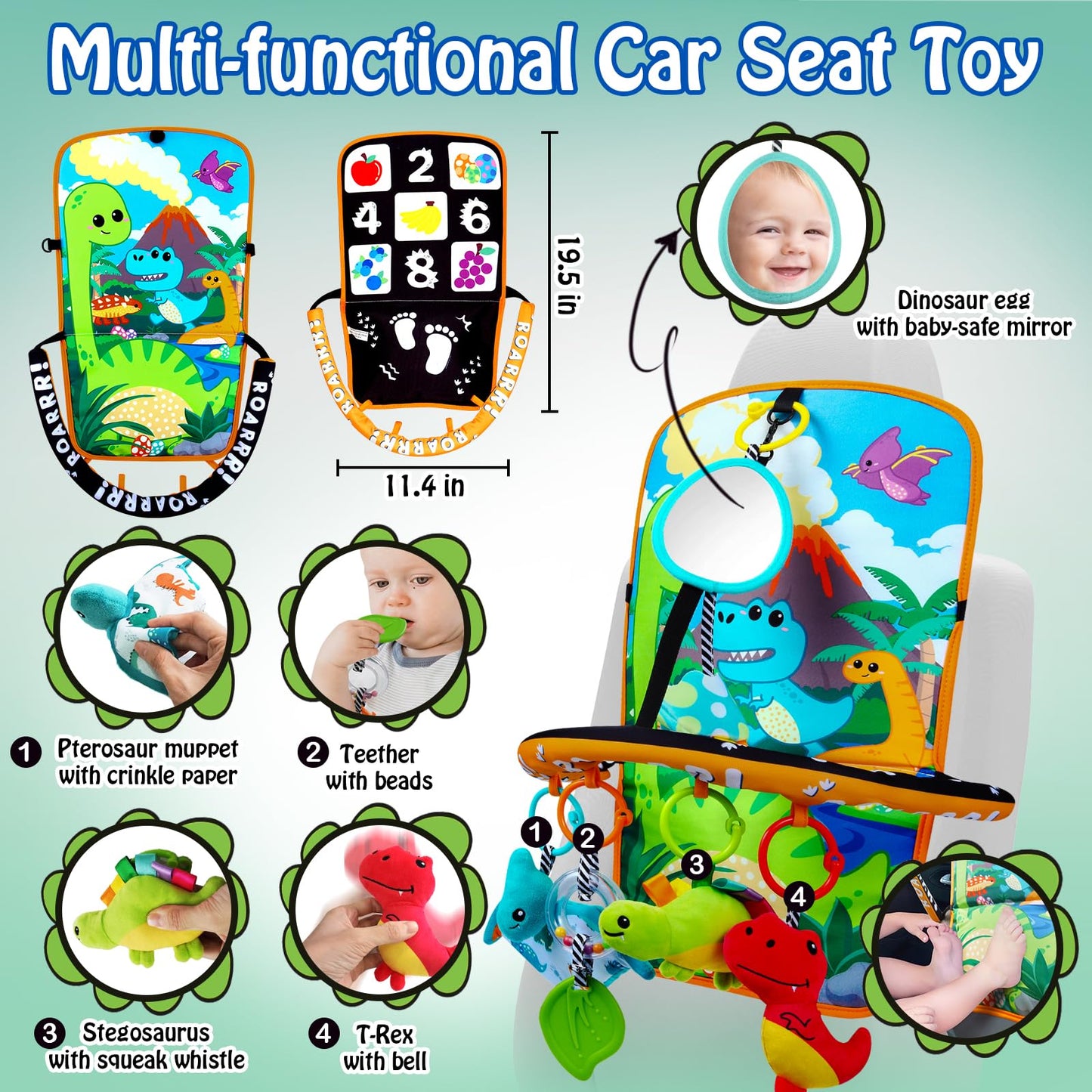 Innofans Baby Car Seat Dinosaurs Toys - Kick and Play Double Sided Infant Car Seat Toys with Plush Toys, Mirror, Teether for Baby, Babys Travel Activities, Christmas Birthday Gifts Newborn Infant Toys