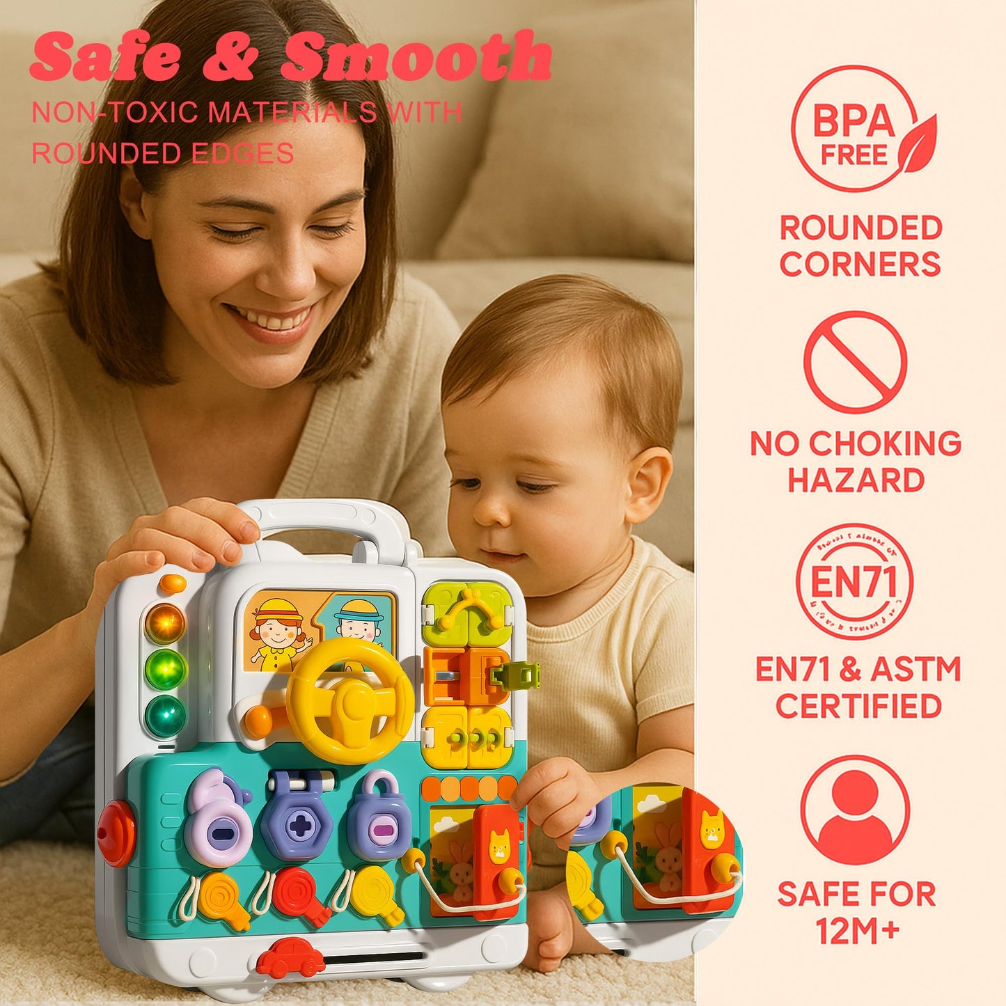 ROHSCE Baby Soft Blocks 34 PCS + Montessori Busy Board, Blocks 6-12 Months, STEM Stacking Toys, Sensory Activity Board Toddlers 1-3, Lights & Music, Travel Toy Airplane/Car, Gifts for Boys Girls