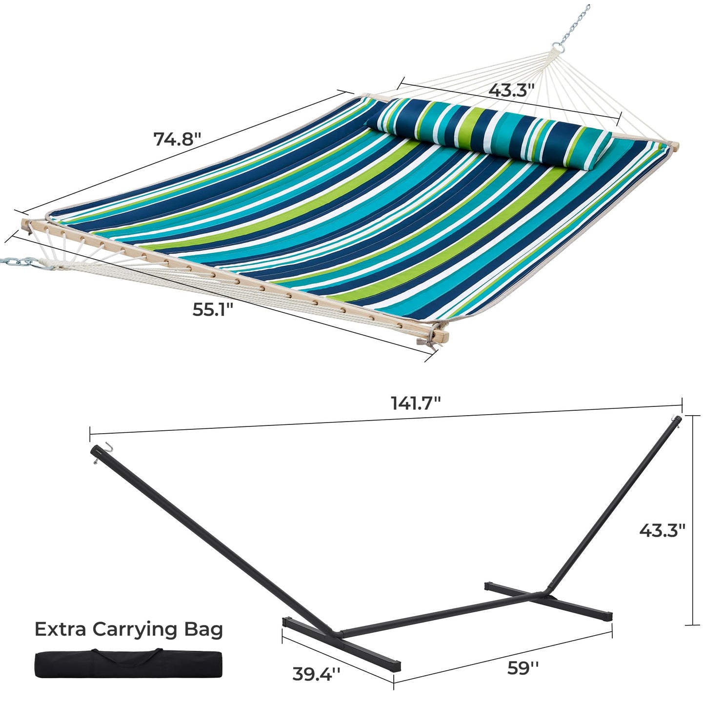 SUPERJARE 12ft Double Hammock with Stand, Rope Hammock for 2 Person, Detachable Hammock Bed and Pillow, Portable, Anti-Tip Safety Ropes, Carry Bag, Outdoor Backyard Patio Camping, Dark Cyan