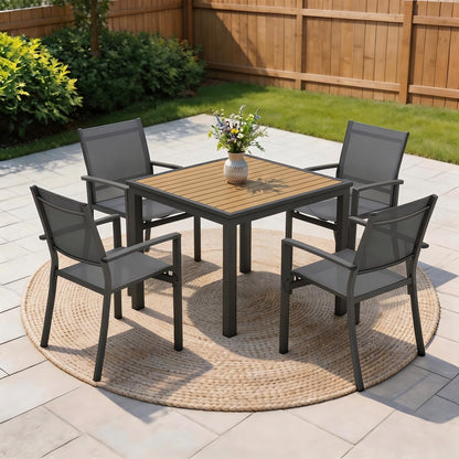 Wisteria Lane Patio Table and Chairs for 4, Outdoor Patio Dining Furniture Set with Aluminum Table and Metal Textilene Chairs, All-Weather Patio Table Set with HDPS Square Tabletop for Garden Porch