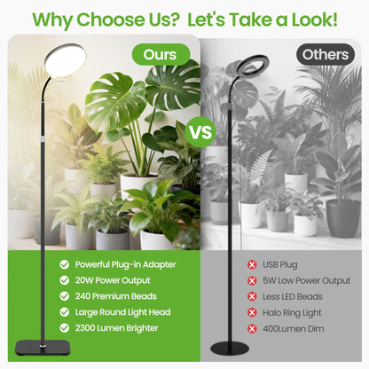 MistyJungle 20W Full Spectrum Grow Light for Indoor Plants, 63in Adjustable Floor Lamp with Gooseneck, 4000K Natural Sunlike Light, 3/9/12H Auto On/Off Timer, 10-Level Dimmable for Tall Small Plants