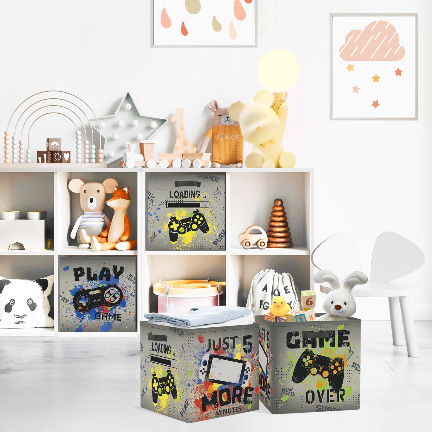 Clastyle Video Game Kid Storage Cube Organizer Set Black Gamepad Closet Clothes Cube Storage Bin Nursery Toddler Toy Box Chest Girl Boy Book Shelf Basket,Graffiti,11.8x11.8x11.8 in