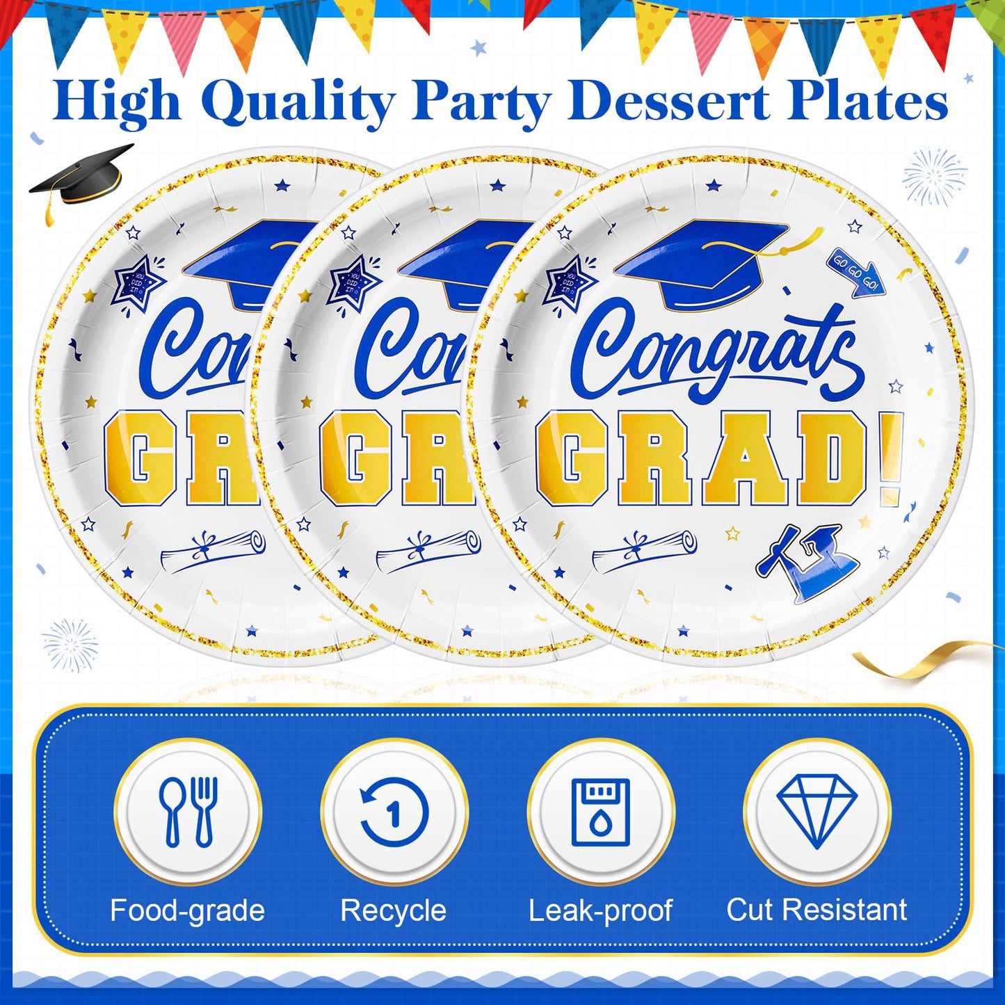 Sabary Blue White Gold 100 Pcs Graduation Paper Plates 2026 7 Inch Graduation Party Supplies Class of 2026 Decorations Congrats Grad Plates Disposable Plate Tableware (Classic)