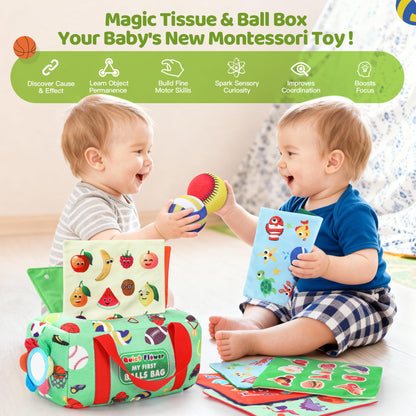 My First Sports Bag 6-12 Months Baby Tissue Box Toy, 17pcs Montessori Sensory Set: Plush Ball, Crinkle Paper, Scarves & Mirror, Squeaky Fine Motor 1 Year Old Infant Toddler Gifts Easter Basket Stuffer