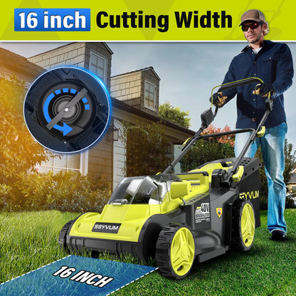 SEYVUM 40V 16-inch Cordless Lawn Mower with 45L Grass Collection Bag, 6 Position Height Adjustment Electric Lawn Mower, 2 x 20V 4.0Ah Battery Powered Push Lawnmower, 2.4A Fast Charger, Lemon Green
