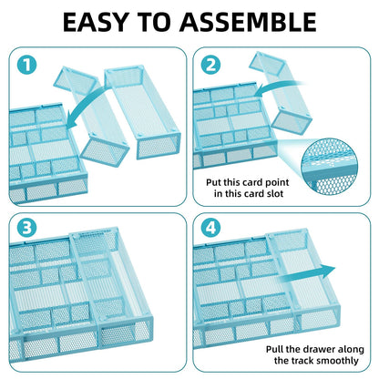 Marbrasse Expandable Desk Drawer Organizer, Mesh Drawer Organizer Tray with 10 Adjustable Compartments, Desk Organizers and Accessories for Office Supplies, Makeup & Vanity (Expandable-Blue)