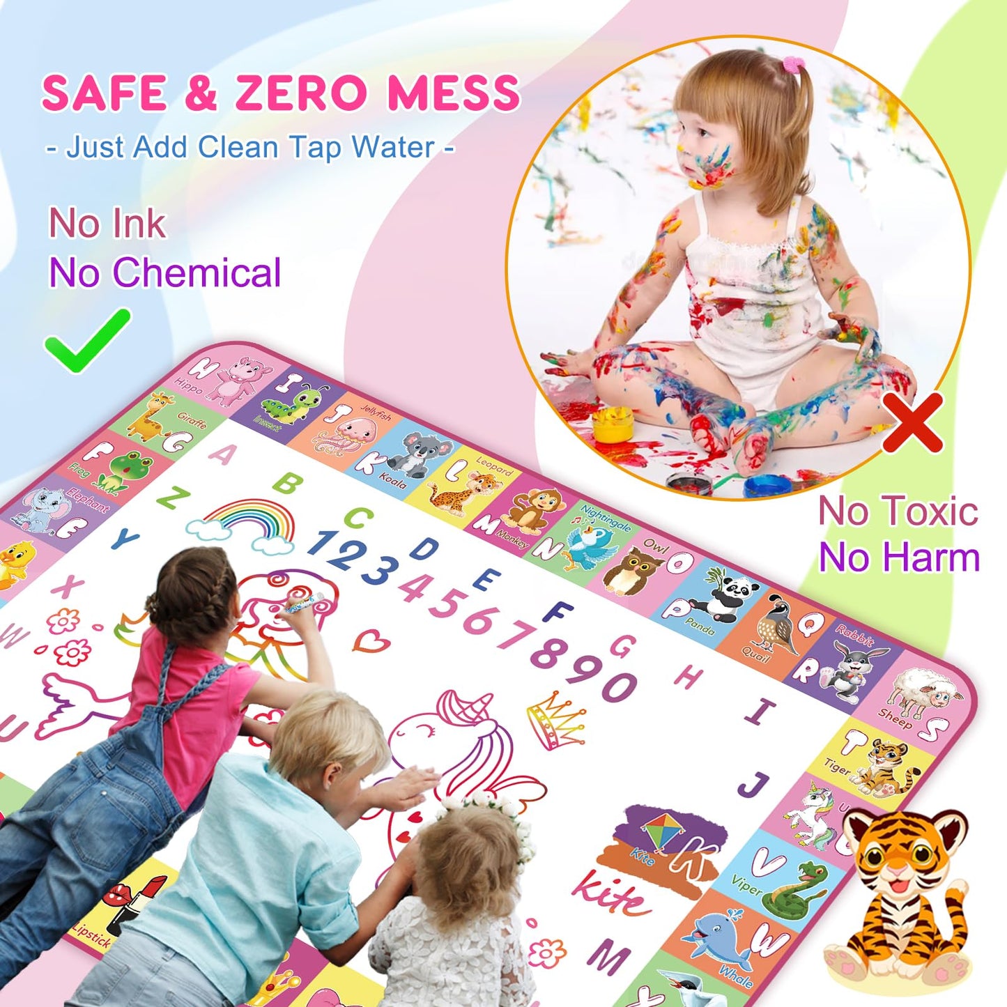 Toddlers Toys Water Doodle Mat: 48 X 32 Inch Large Mess Free Coloring & Drawing Mat - Instant Drying - Kids Educational Toys for Girls Age 3-5 Home Activities - Birthday/Christmas Gifts for Girls Boys