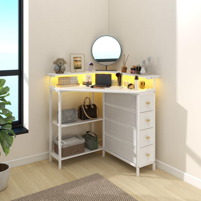 VENNQD Corner Desk with Drawers Shelves for Small Space 90 Degrees Triangle Computer Desk with Power Outlets,Gaming Desk with LED Lights Monitor Stand for Home Office Workstation Writing Table (White)