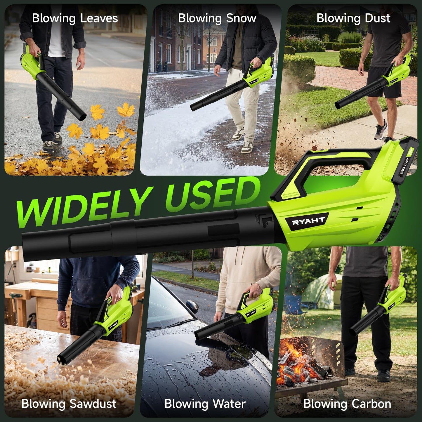 Leaf Blower Cordless, Leaf Blower with Battery and Charger - 2 Speed Modes, 2 Batteries, 20V Powerful Lightweight Electric Blowers for Blowing Leaves, Lawn Care, Patio Cleaning and Dust, Green