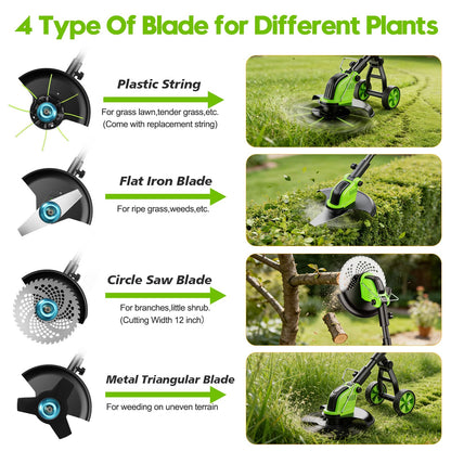 20000 RPM Electric Weed Wacker Cordless, 12″ Brushless Weed Eater Battery Powered with Wheel, 4-in-1 Grass Trimmer/Brush Cutter/String Trimmer, Lawn Mower Edger Stringless Weed Trimmer, 2 Battery Tool