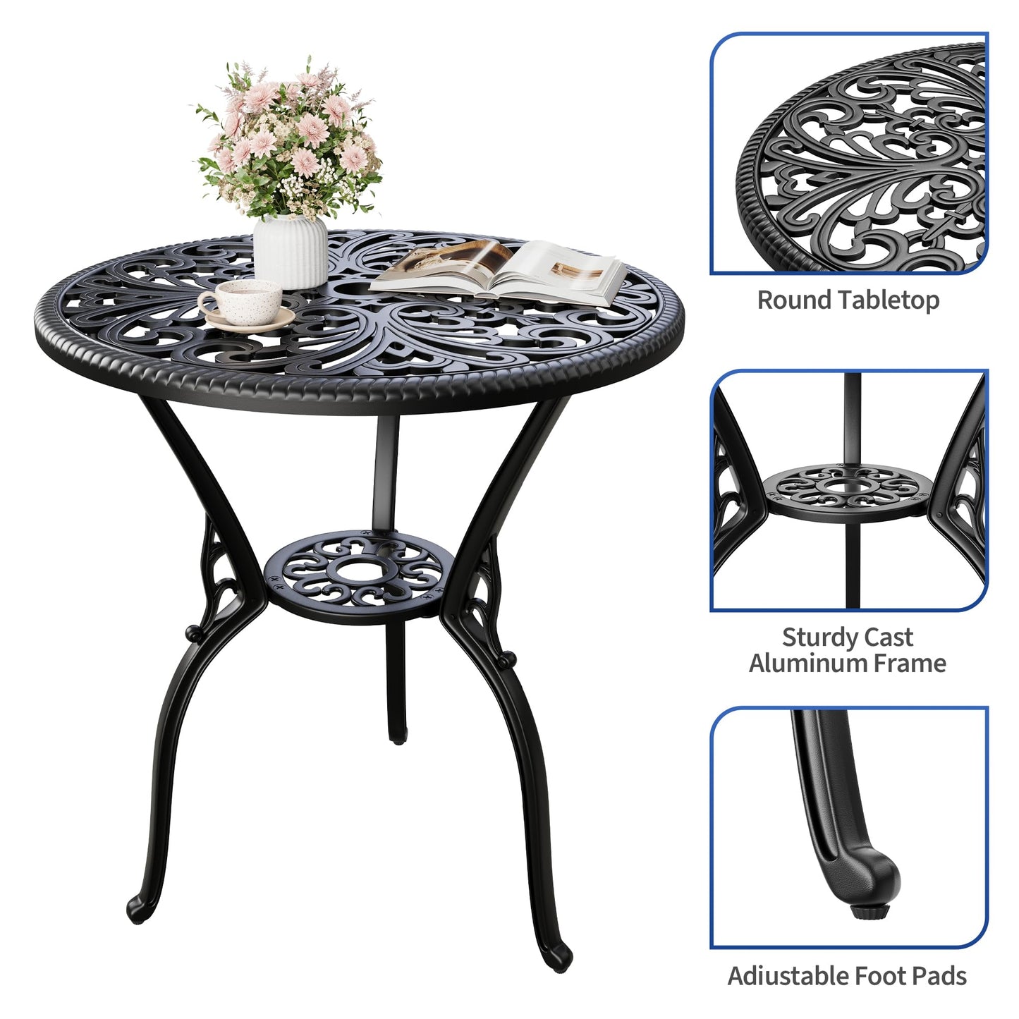 IDEALHOUSE Patio 23''Cast Aluminum Side Table with Umbrella Hole,Outdoor Small Coffee Tables,Anti-Rust Bistro Table,Round End Table,Outdoor Furniture for Indoor,Patio,Garden,Porch,Balcony(Retro Black)