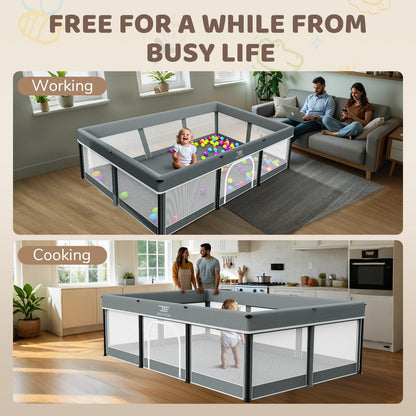 Foldable Baby Playpen with Mat - 74"X50" Large Play Yard for Babies and Toddlers - Indoor & Outdoor Portable Playpen with Storage Bag & 30 Ocean Ball - Baby Fence with Visible Mesh & Zipper Door,Grey