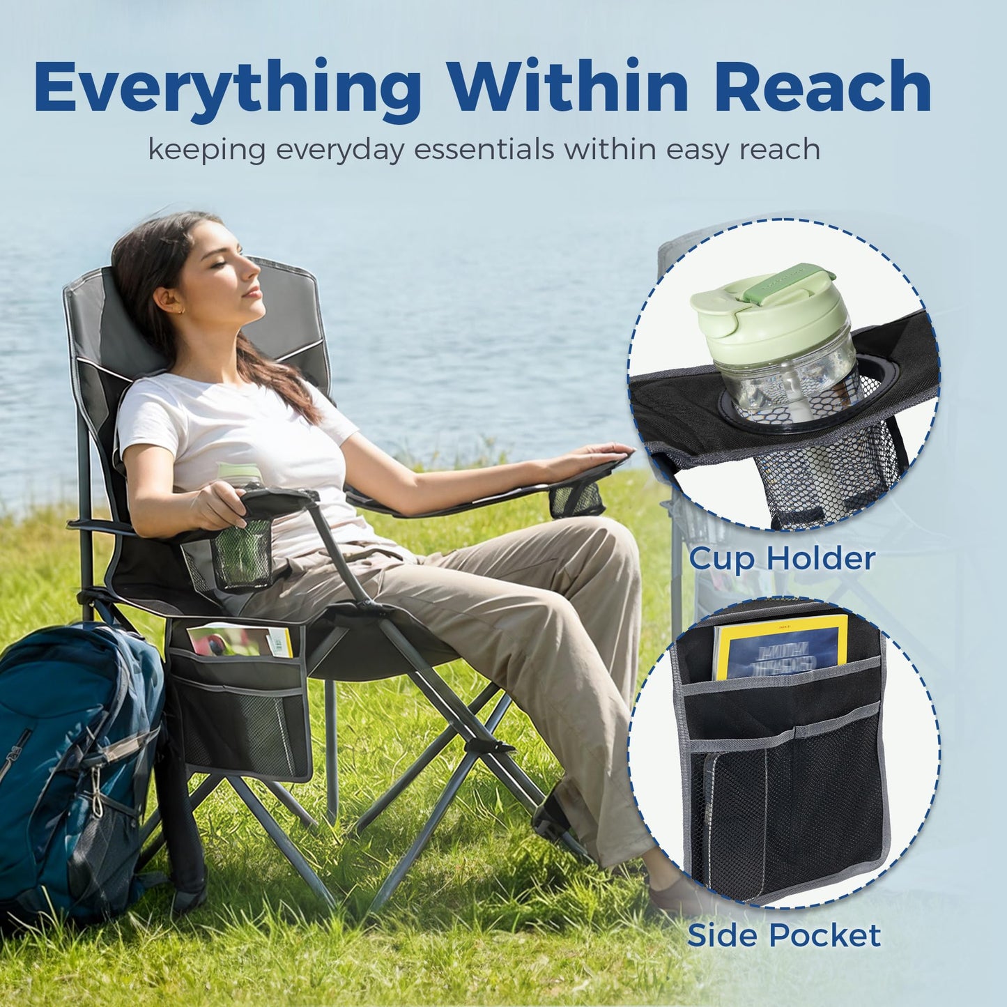 Matrasco Outdoor Camping Chair 2-Pack with Mesh Back, Folding Portable Lawn Chairs with Cup Holder & Side Storage Pocket for Camping, Beach, Picnic, Fishing(Black)