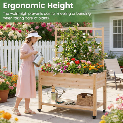 COSTWAY Wooden Raised Garden Bed with Trellis, Mobile Elevated Planter on Wheels, 285 lbs Capacity with Liner & Drainage Holes, Freestanding Outdoor Box for Climbing Plants, Vegetables, & Herbs