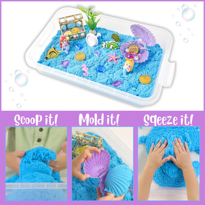 Sensationally OT 38 PCS Mermaid Sensory Bin with 2 lb Magic Sand, Ocean Molds & Treasure Accessories – Creative Sand Play Gift for Girls Ages 3–8