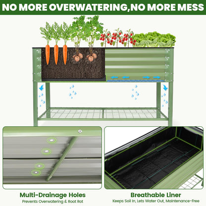 Elevated Raised Garden Bed 2' x 4'- Galvanized Metal Planter Boxes with Legs & Storage Rack, Outdoor Planters for Backyard/Patio/Balcony, with Drainage Holes for Vegetables, Flowers, Herbs, Green