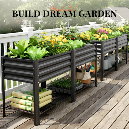 KING BIRD Large Raised Garden Bed with Legs & Storage Shelf Galvanized Elevated Planter Box for Backyard, Patio, Balcony, 600lb Capacity, Dark Grey 70.9x22.8x31.5 in