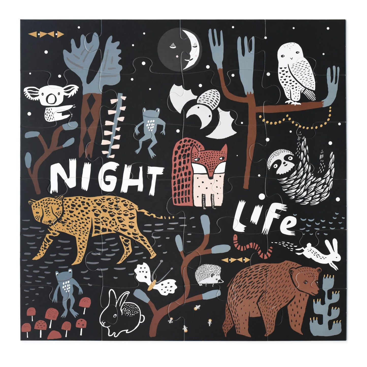 Wee Gallery Fine Motor Practice Bundle - Night Life Floor Puzzle, 24 Large Pieces, Durable Jumbo Jigsaw Floor Puzzles - Jungle Animals Lacing Cards for Toddlers, Sewing Board, Preschool Toys