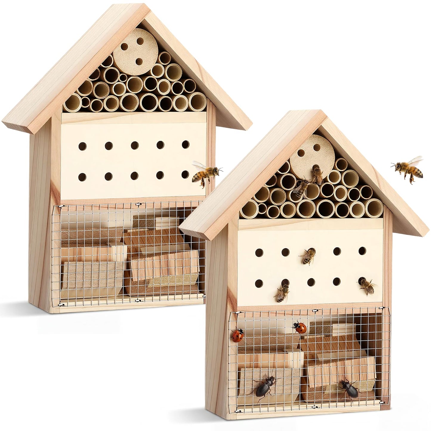 Ferrochef 2 Pcs Wooden Bee House Hanging Insect Hotel for Ladybug, Mason Bee, Bugs Natural Insect Habitat on The Ground or Hanging on The Tree for Garden, 9.8 x 7.8 x 2.95 Inch