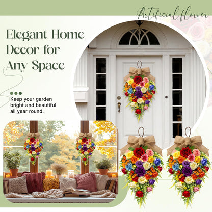 Norme 2 Pack Spring Teardrop Swag Pre-Lit, 23.6" Artificial Rose Teardrop Wreath for Front Door with Burlap Bow Butterflies for Porch Wall Window Stair