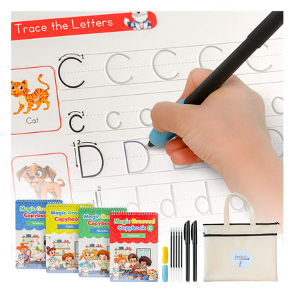 Magic Grooved Writing Practice for Kids – Reusable Grooved Handwriting Workbooks for Kids Workbook Ages 3-5, 6-8 & 8-10, Disappearing Ink & Carry Bag Letter Tracing Book, Alphabet Writing Practice Kit
