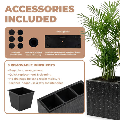 DEPLA LANE Trevano Fiberstone Rectangular Planter (26" L x 9.8" W x 15.7" H) Ribbed Finish, Removable Inner Pots, Lightweight, Durable, UV Resistant, Modern Indoor Outdoor Plant Pot (M, Ribbed Black)