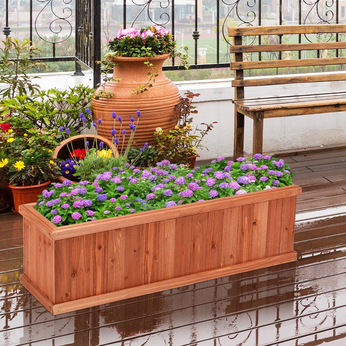 LDAILY Raised Garden Bed, Outdoor Rectangle Flower Beds with Bottom Panels & 2 Drainage Holes, Wood Planter Box for Flowers/Vegetables/Fruits in Backyard Patio (40" L x 12’’ W x 12’’ H)