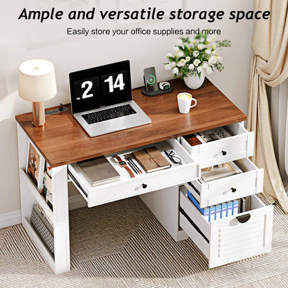 Ieejdn 47" Home Office Desks, Executive Desk, Farmhouse Computer Desk with Drawers and Charging Station, File Drawer, Storage Cabinet, Rustic Computer Writing Desk,Antique White