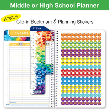 Global Datebooks 2026-2027 Middle & High School Student Planner 5.5" x 8.5" - Dated Weekly & Monthly Academic Planner w/Ruler/Bookmark & Stickers, For Homework, Matrix Style, Black Doodles