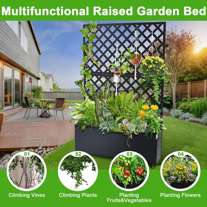 IDEALHOUSE 72" Raised Garden Bed with Trellis, Galvanized Steel Planter Box with Lockable Wheels, Mobile Privacy Screen for Climbing Plants Outdoor Patio Balcony, Black