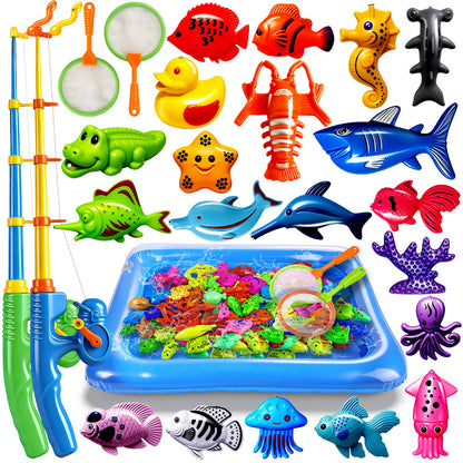 CozyBomB™ Magnetic Fishing Toys Game Set for Kids | Water Table Bathtub Kiddie Pool Party Pole Rod Net, Outdoor Plastic Floating Fish, Toddler Bath Color Ocean Sea Animals Birthday Gift Age 3-5 6 4-8