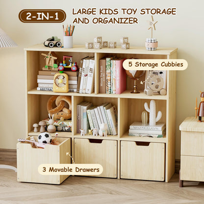 EXPERLAM Toy Storage Organizer, Toy Organizer with 3 Movable Drawers and 5 Storage Cubes, Toy Storage Chest with Hidden Wheels, Kids Bookshelf for Playroom, Burlywood
