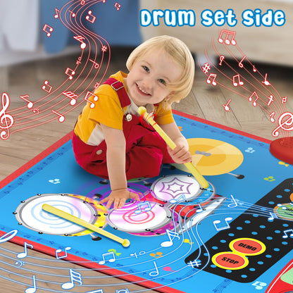 Oripira 2-in-1 Musical Mat Toys for 1 2 3 4 5 Year Old, Piano Keyboard & Drum Set with 2 Drum Sticks, Early Educational Musical Learning Toys Birthday for 1 2 3 4 5 Year Old Boys & Girls, Blue