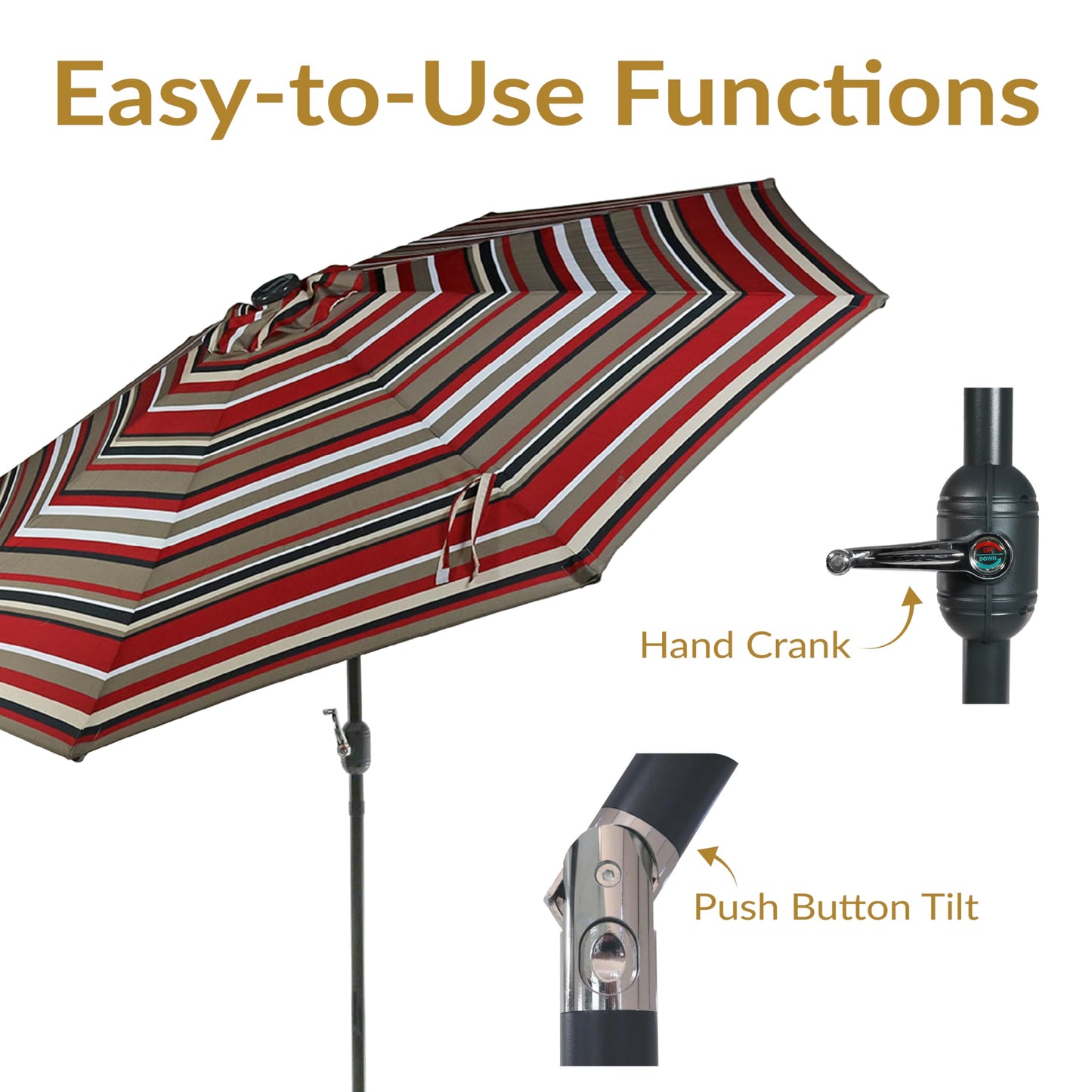 Sunnydaze 9 ft Striped Patio Umbrella with Solar Lights - Polyester LED Table Market Umbrella with Tilt and Crank - Awning Stripe