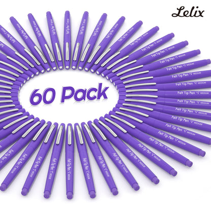 Lelix Felt Tip Pens, 60 Purple Pens, 0.7mm Medium Point, Felt Tip Markers Pens for Journaling, Writing, Note Taking, Planner, Perfect for Art Office and School Supplies