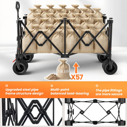 Collapsible Wagon Carts Foldable 570LBS Beach Wagon with Big All-Terrain Wheels Weight Capacity Heavy Duty Utility Carts with Cup Holders for Garden, Camping, Grocery, Sports Black