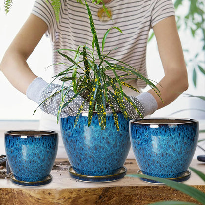 EPFamily Plant Pots Indoor, Ceramic Planters Pots with Drainage Holes and Saucers, 10+8+6 Inch, Set of 3, Round Large Flower Pots for Indoor Outdoor Plants, Blue