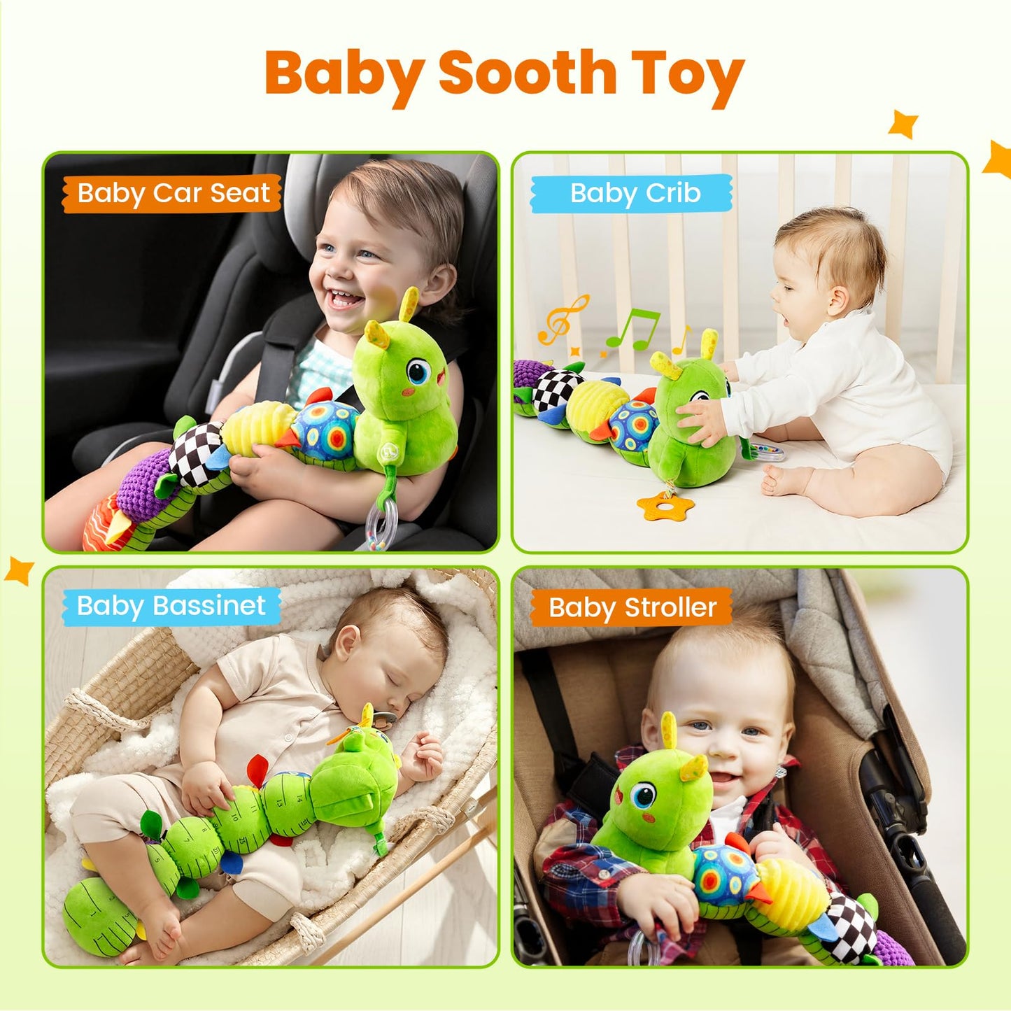 gogonova Baby Musical Caterpillar Toy 0-12 Months, Washable Teething Rattle with 10 Kids Songs, Infant Tummy Time Toy for Newborn Boys Girls (Green)