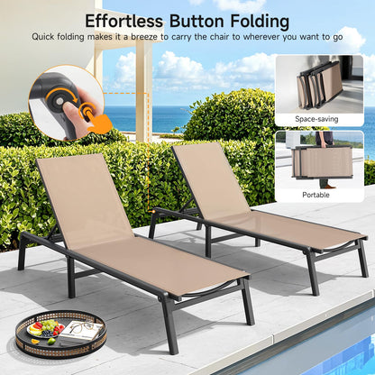 ONBRILL Aluminum Chaise Lounge Chair Outdoor, Foldable & Assembly Free Outdoor Lounge Chair with 5 Position Adjustable Backrest, Patio Pool Lounge Chairs for Outside Poolside Beach Lawn, 1PC, Khaki